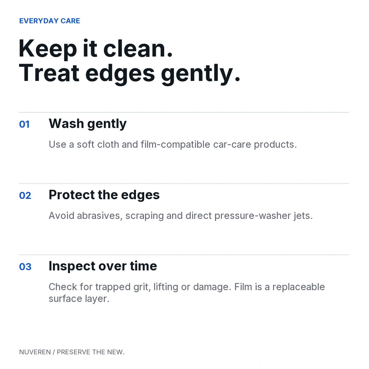Care guide for clear door-handle film: gentle cleaning, protected film edges and regular inspection.