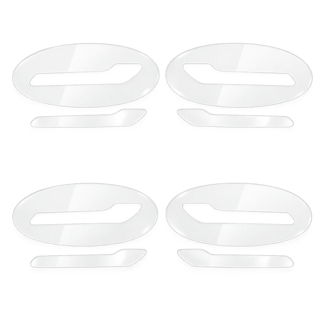 Clear TPU four-door protection set for Tesla Model 3 and Model Y, showing four handle films and four oval surround films on white.