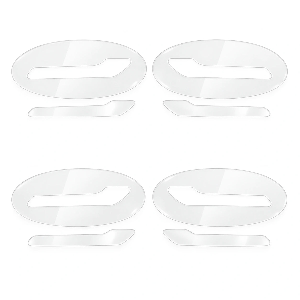 Clear TPU four-door protection set for Tesla Model 3 and Model Y, showing four handle films and four oval surround films on white.