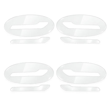 Clear TPU four-door protection set for Tesla Model 3 and Model Y, showing four handle films and four oval surround films on white.