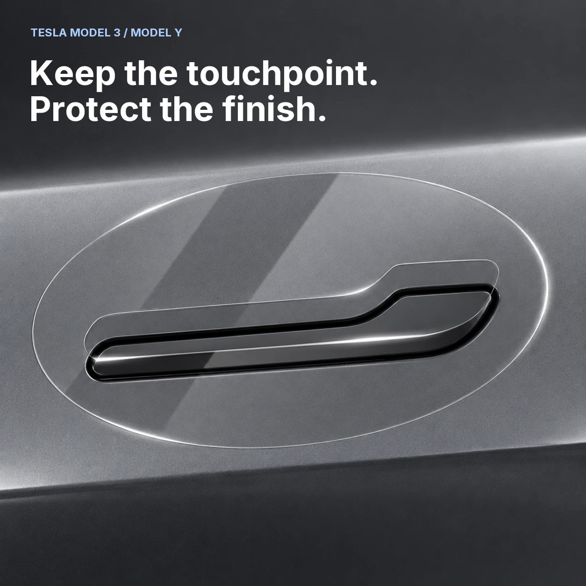 Illustrated clear film around a Tesla flush door handle, with the handle opening left free.
