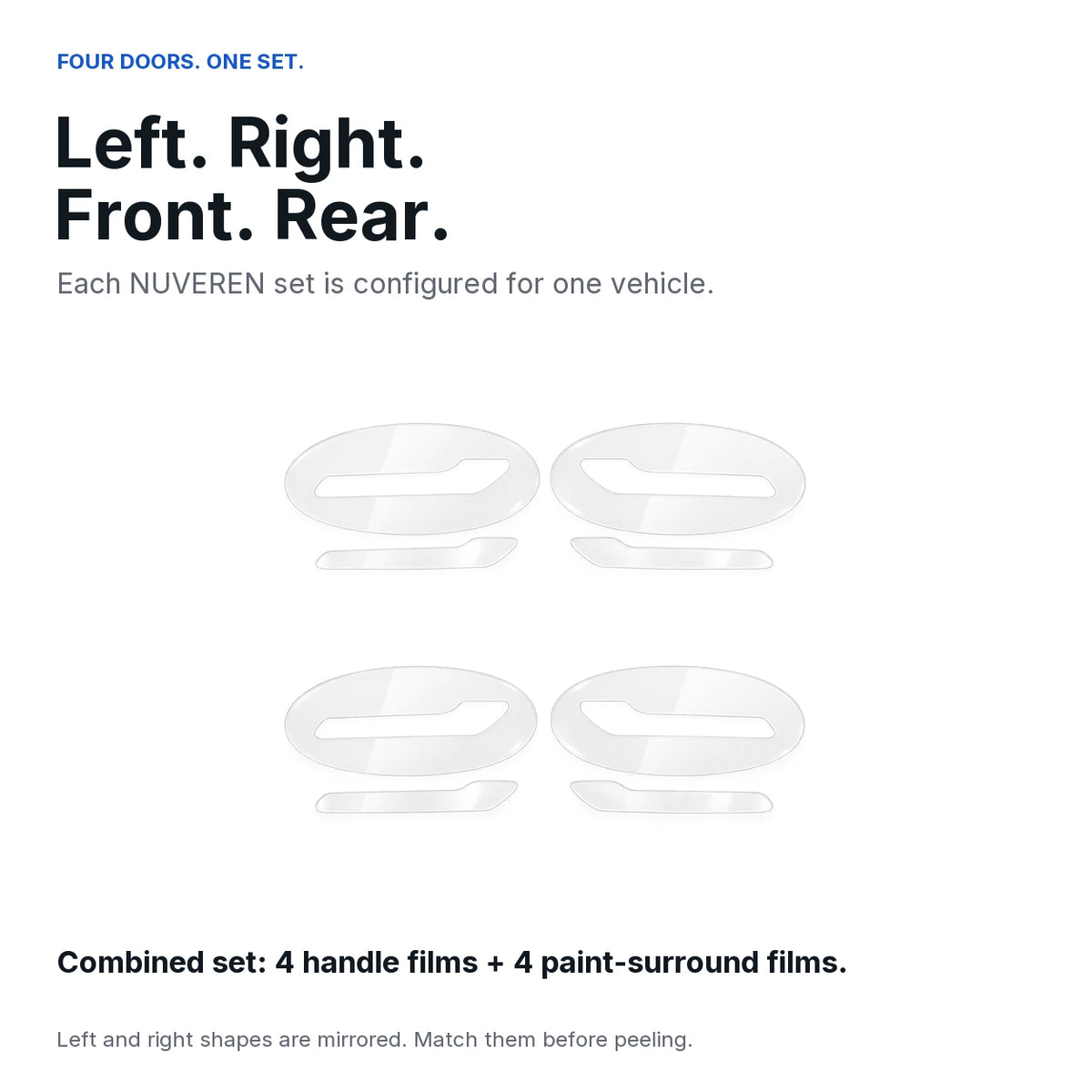 Four-door combined kit contents: four clear door-handle face films and four matching paint-surround films.