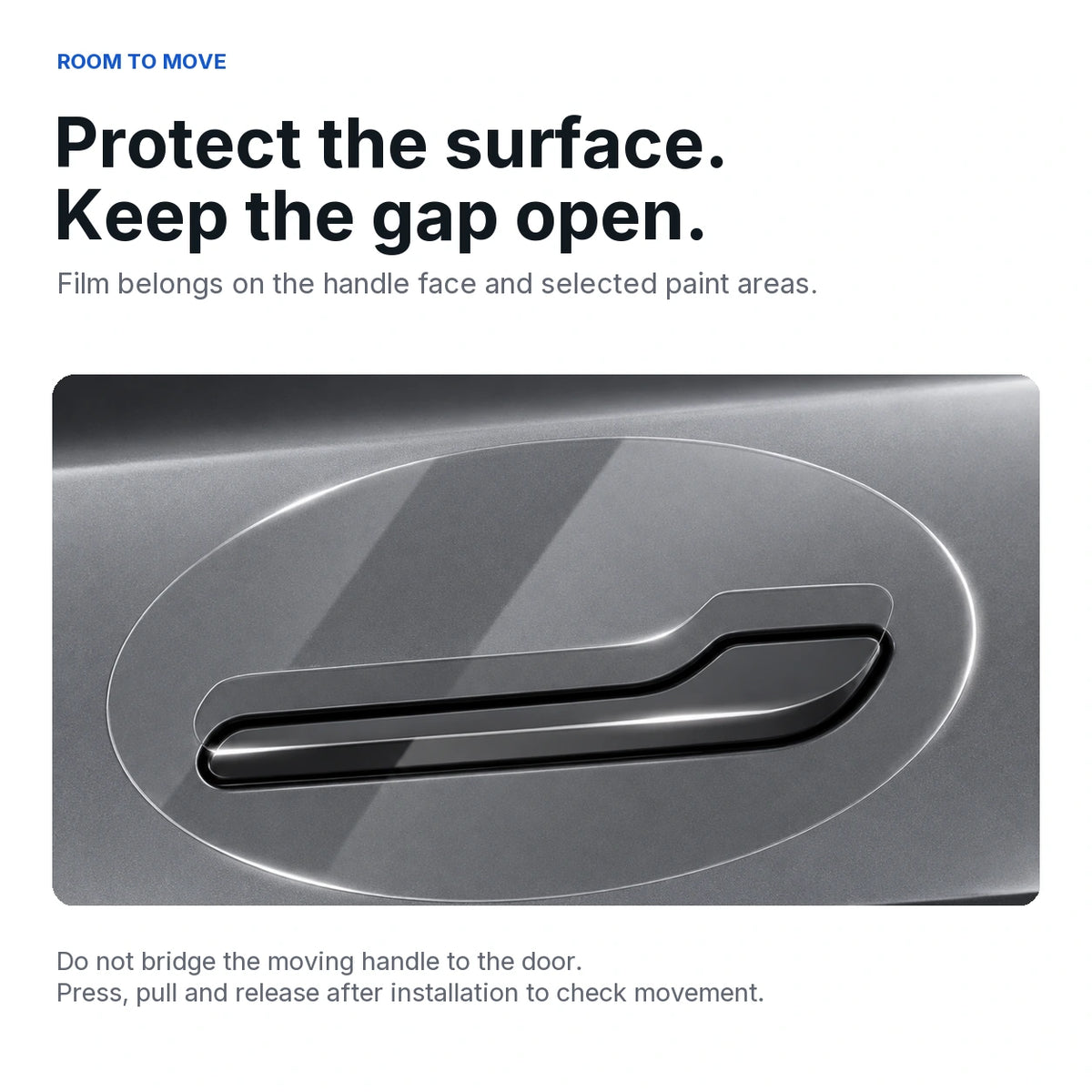 Guidance to keep protective film out of the moving handle gap and check normal press, pull and return motion after installation.