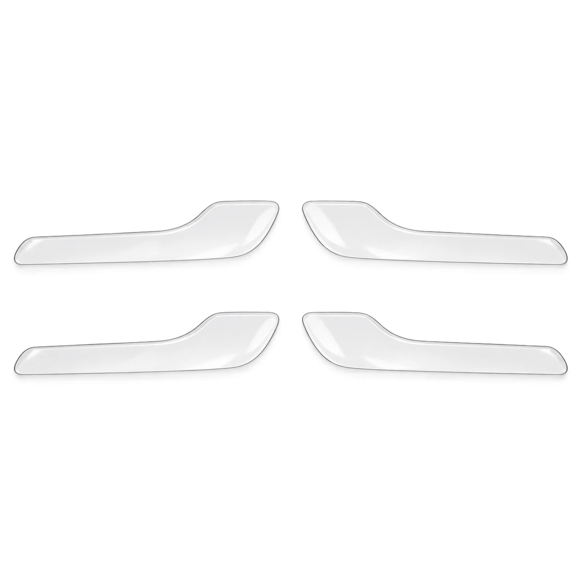 Four transparent precut exterior door-handle face films for Tesla Model 3 and Model Y, two left and two right, on white.