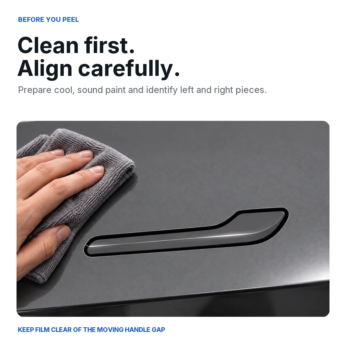 Illustrated cleaning of the painted area near a Tesla flush door handle with a microfiber cloth before applying film.