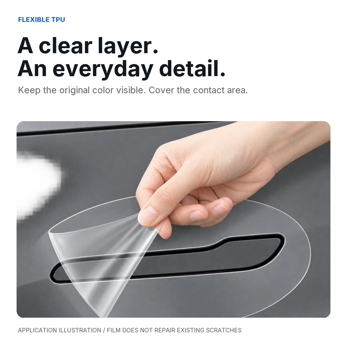 Illustrated flexible clear TPU surround film being aligned around a Tesla door handle; no thickness or impact rating is claimed.