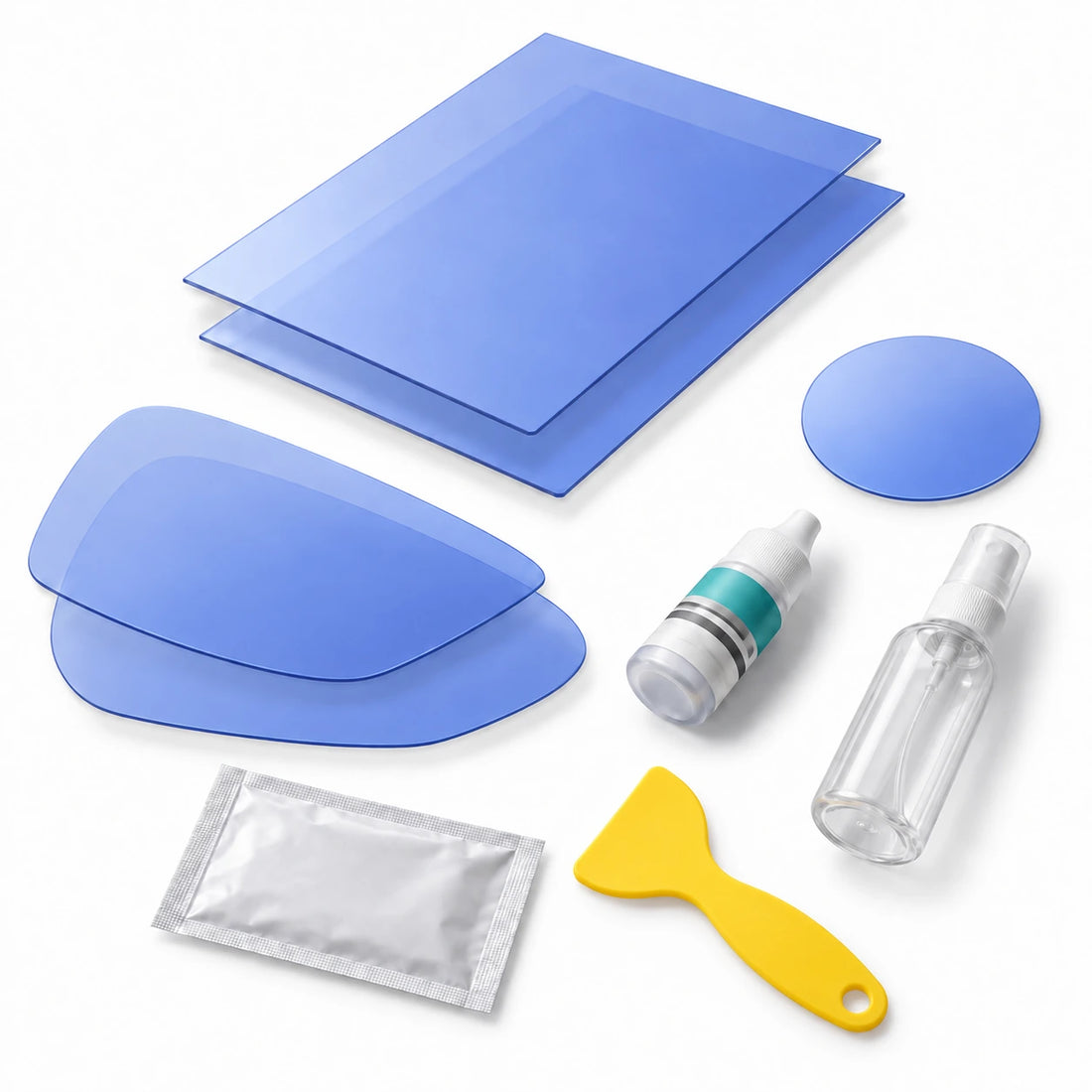 Five-piece rain-film kit with two mirror films, two side-window films, one practice film and illustrated application tools; representative cut profiles.