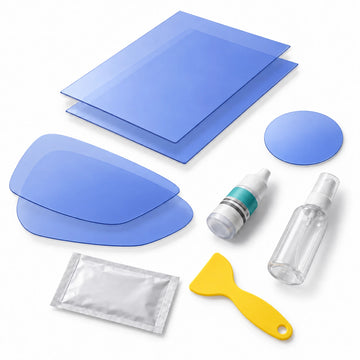 Five-piece rain-film kit with two mirror films, two side-window films, one practice film and illustrated application tools; representative cut profiles.