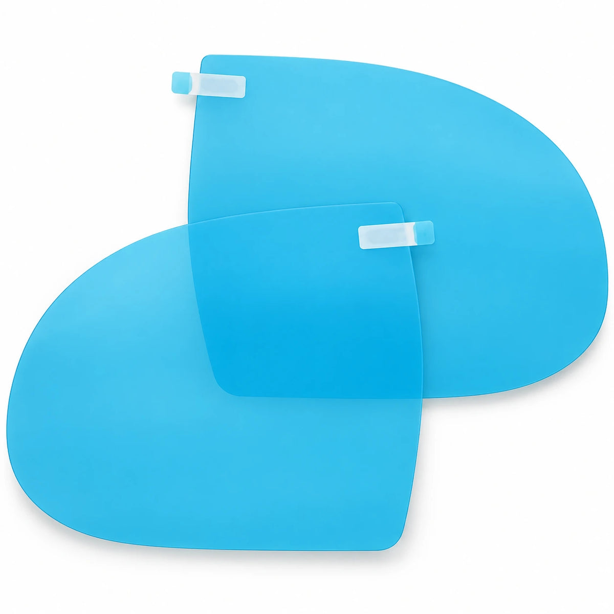 Pair of shaped PET exterior-mirror rain films with blue protective liners and peel tabs; representative vehicle-specific cut profile.