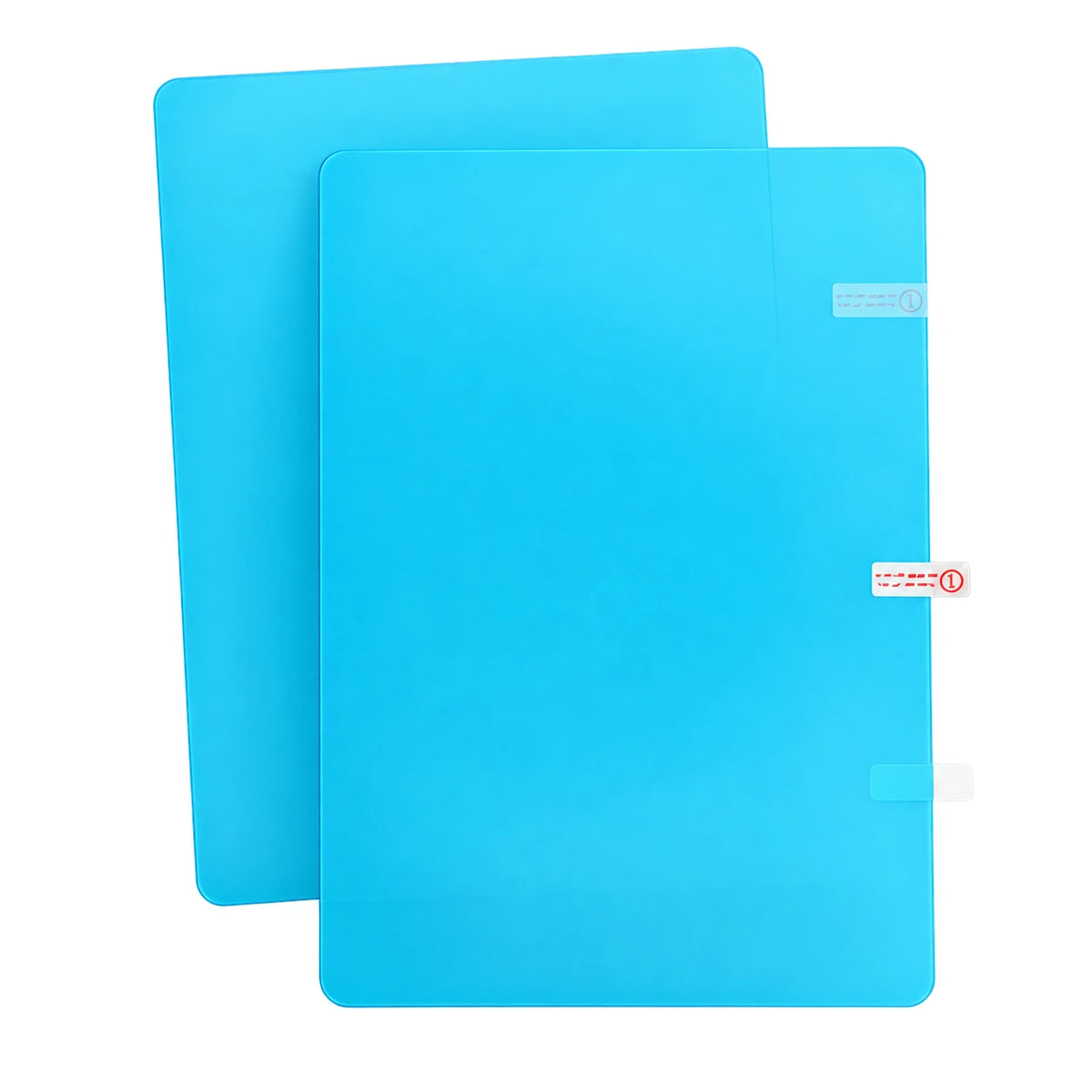 Two rectangular PET side-window rain films with blue protective liners, shown on white.