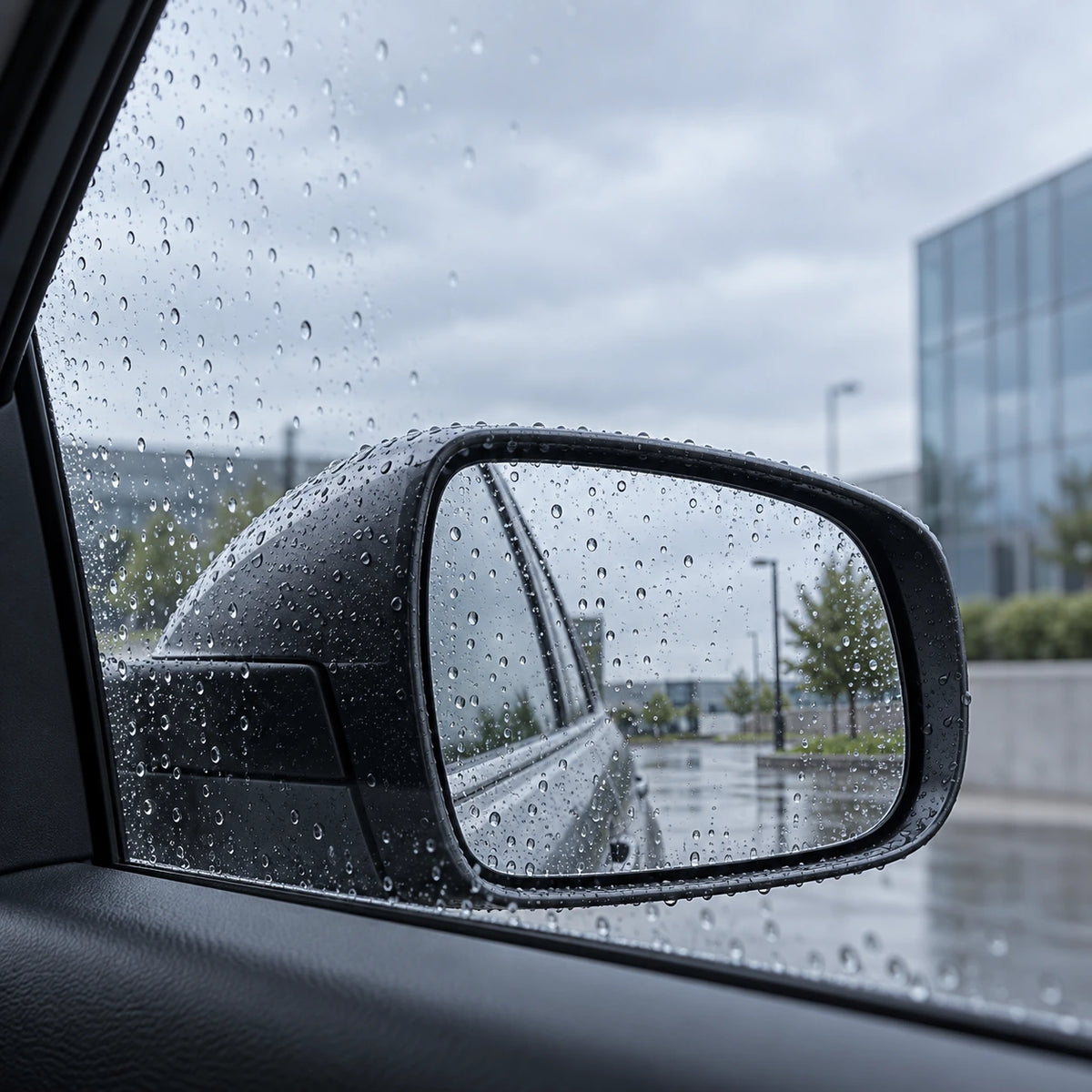Illustrated rainy-day view through a car side window toward its exterior mirror; context image, not a product performance test.