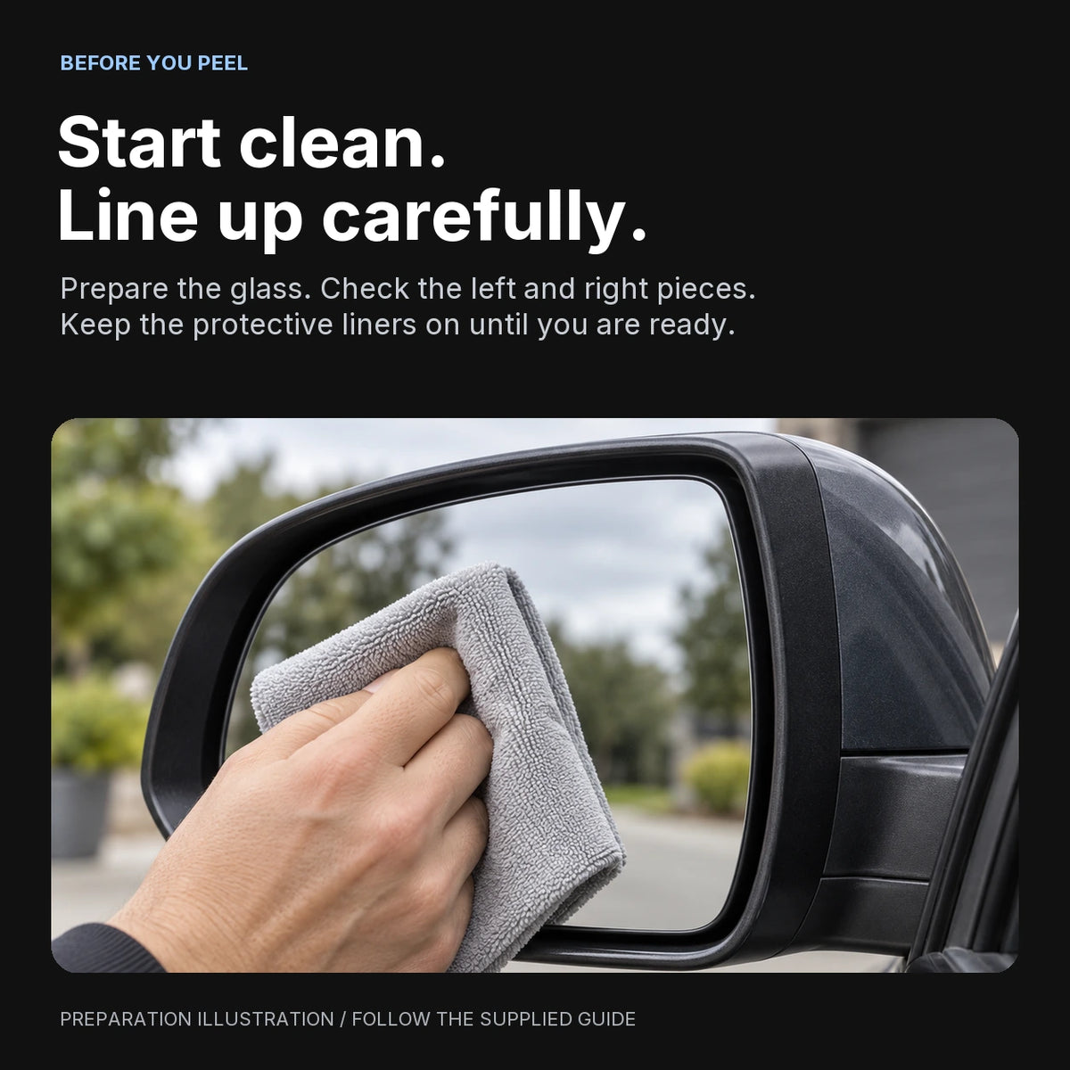 Illustrated microfiber cleaning of an exterior mirror, with preparation and alignment guidance before film application.