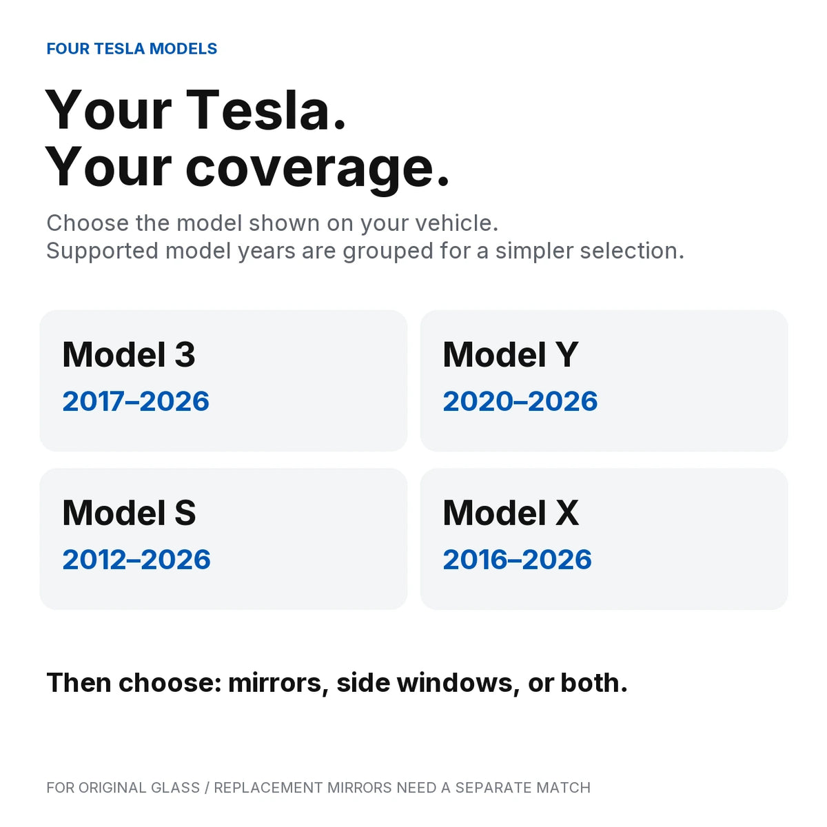 Tesla model selection guide: Model 3 2017–2026, Model Y 2020–2026, Model S 2012–2026 and Model X 2016–2026; choose coverage separately.