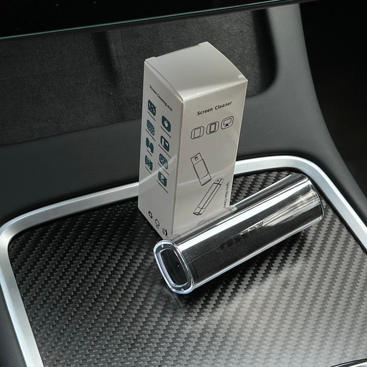 Refillable screen cleaner and protective cover on a vehicle console