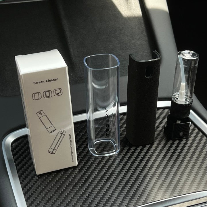 Original packaging, clear cover, black wiping sleeve and empty bottle