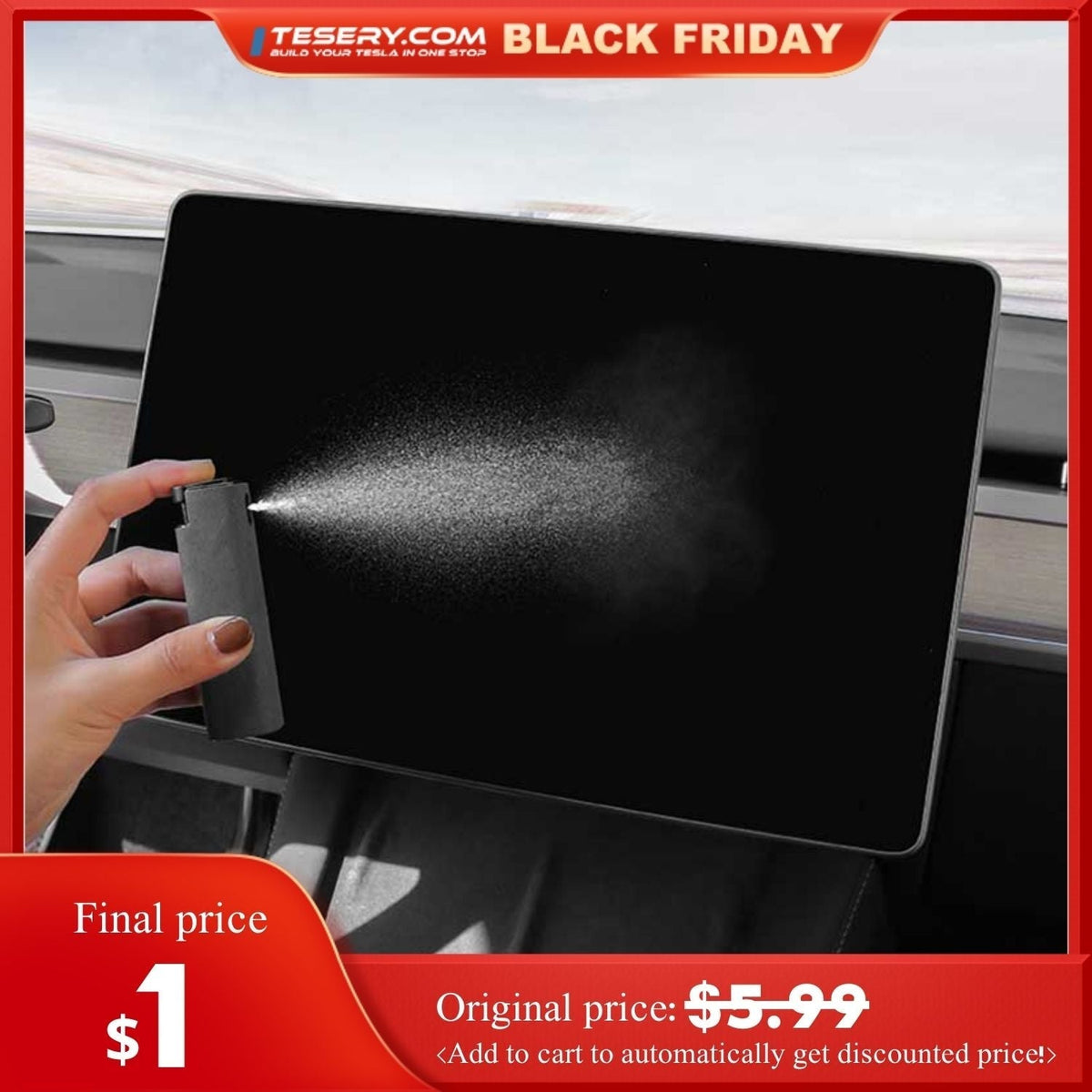 Original promotional image of refillable screen cleaner spray demonstration