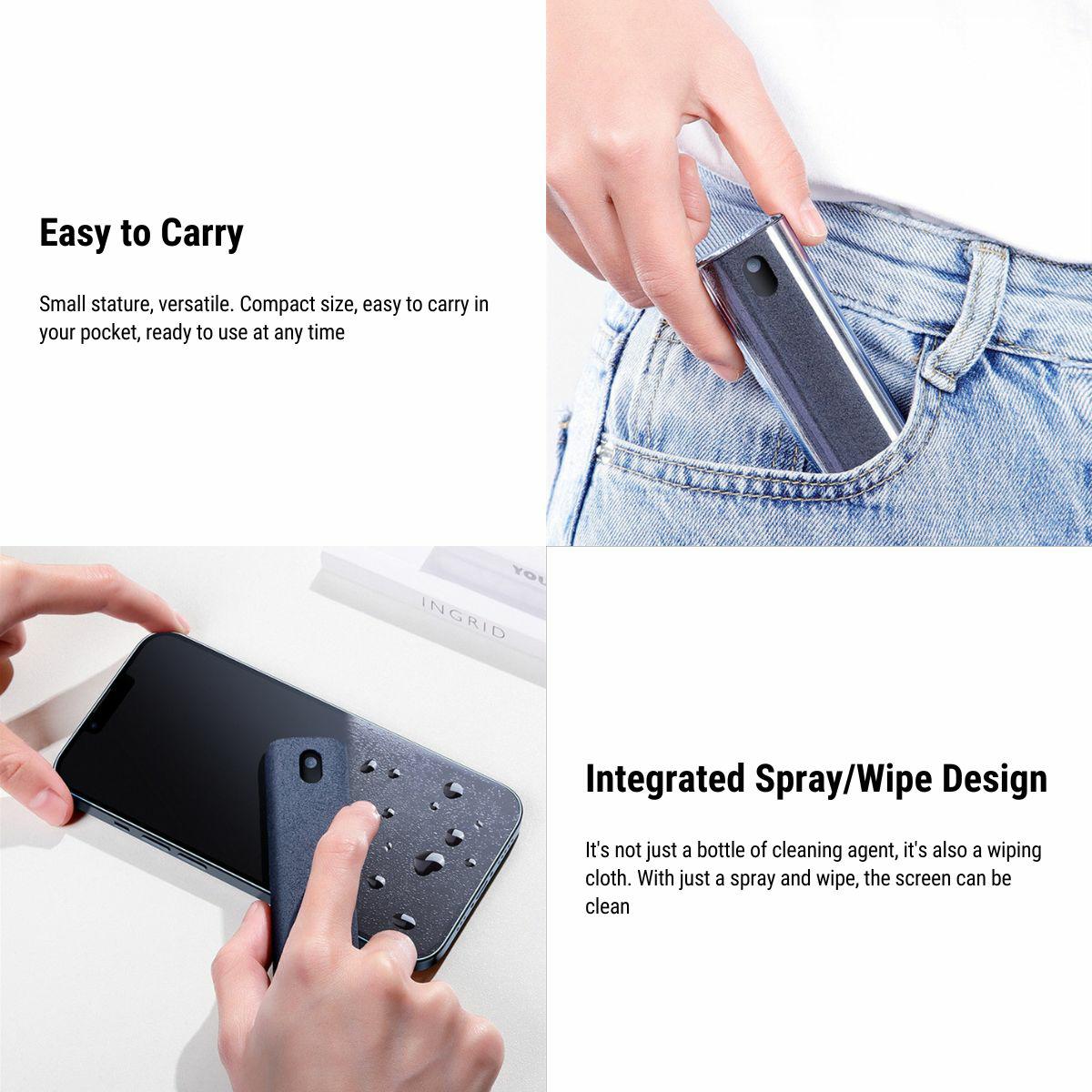Compact screen cleaner shown in storage and handheld use
