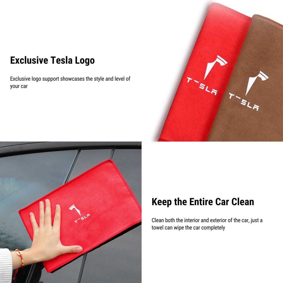 Red and brown logo-printed microfiber towels and a car-surface wiping example