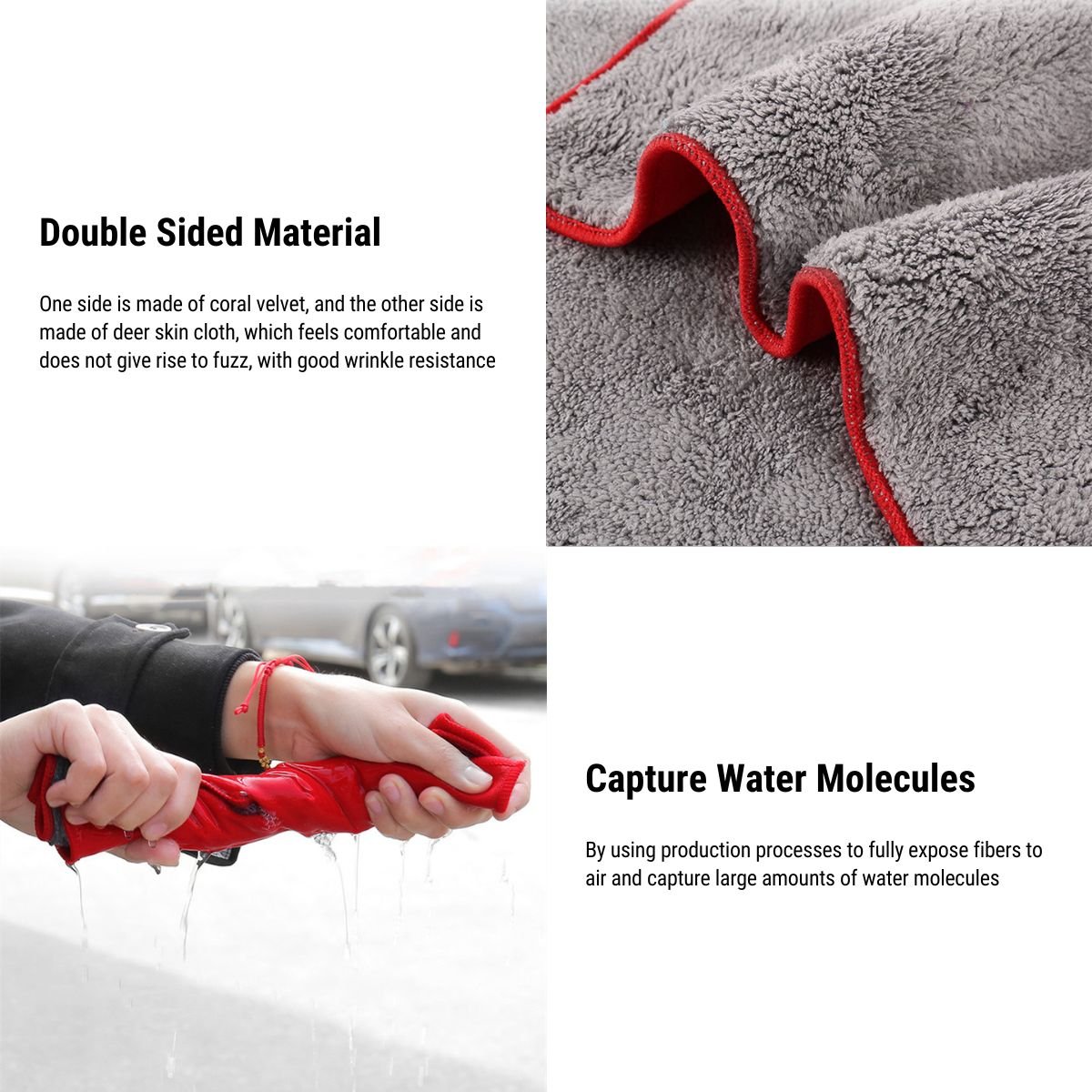 Close-up of the two fabric faces and a photo of the towel being wrung out