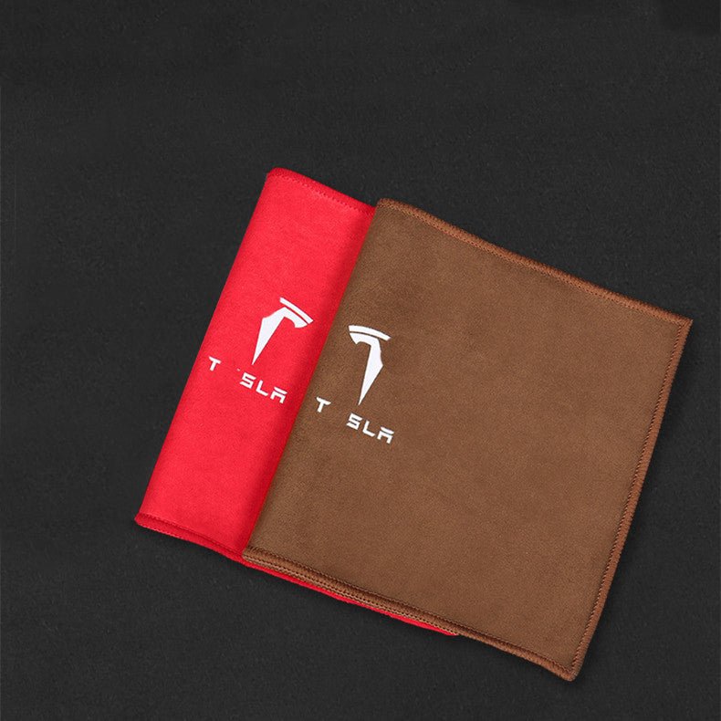 Red and brown dual-sided microfiber car towels shown side by side