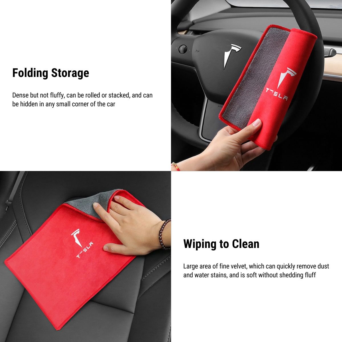Product photos showing the towel folded for storage and used on a car surface